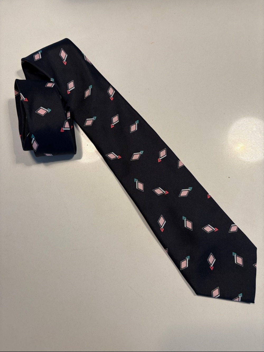 Vintage Arturo Nucci Black Silk Tie with Pink Geometric Motif